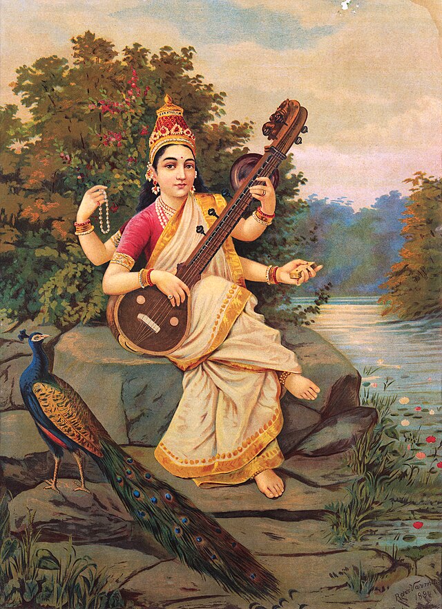 Dios hindú Saraswati tocando la veena